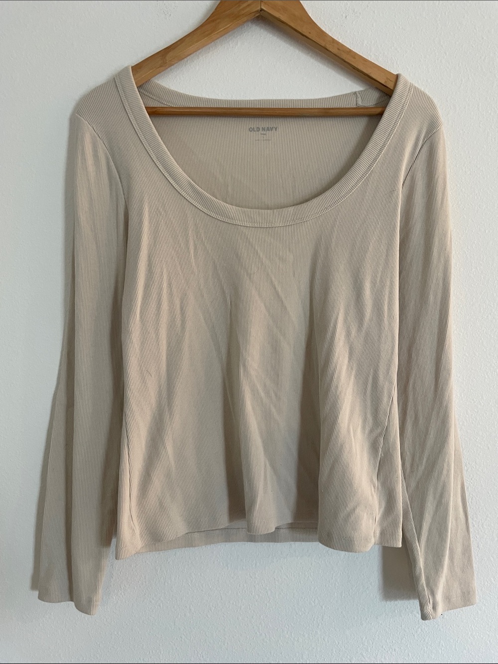 Old Navy Cream Ribbed Long-Sleeve Snug Fit Scoop Neck Top